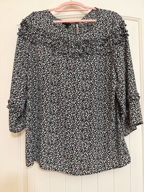 Talbots Black & Pink Floral Top Ruffle Yoke and Sleeves Sz XL
